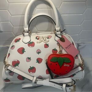 Juicy Couture White Strawberry Print Dome Satchel with Red Strawberry Charm